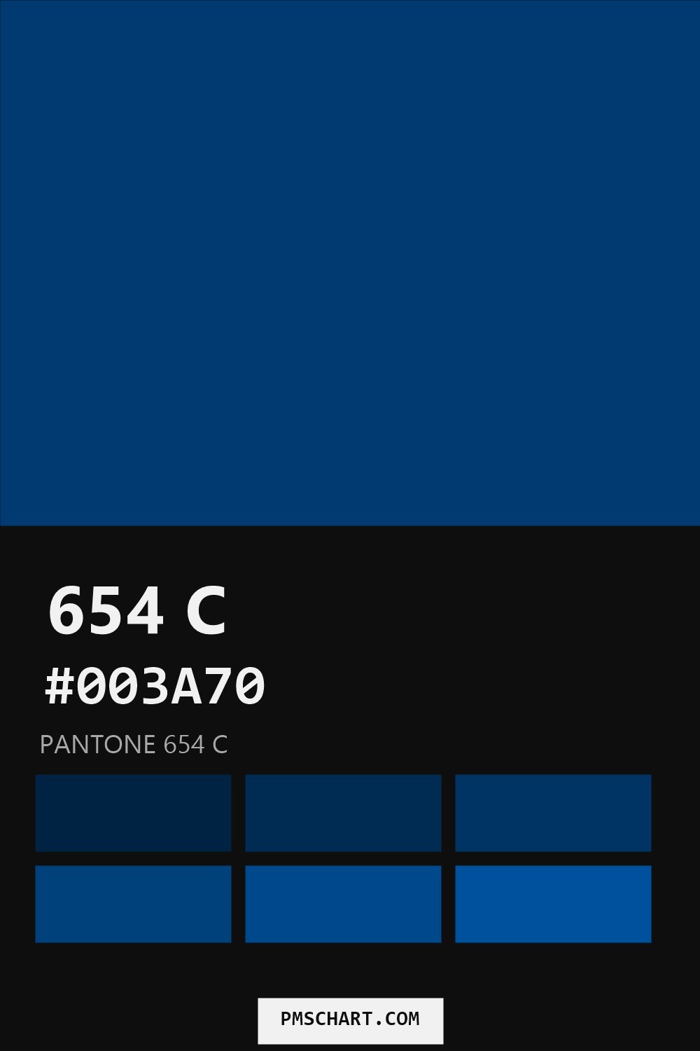 Pantone 654 C color reference card (HEX #003A70) with six nearest Pantone matches