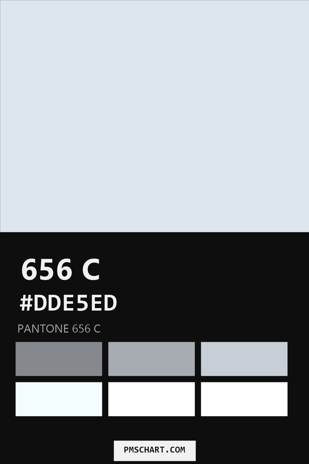 Pantone 656 C color reference card (HEX #DDE5ED) with six nearest Pantone matches