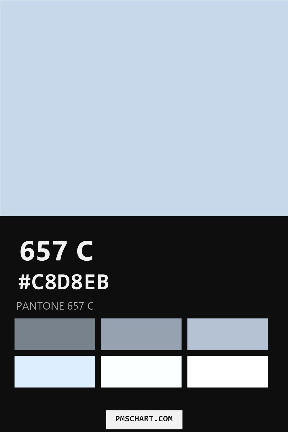 Pantone 657 C color reference card (HEX #C8D8EB) with six nearest Pantone matches