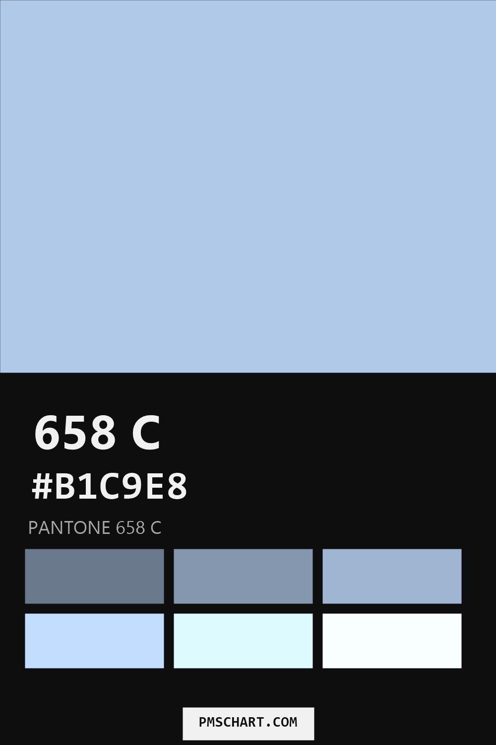 Pantone 658 C color reference card (HEX #B1C9E8) with six nearest Pantone matches