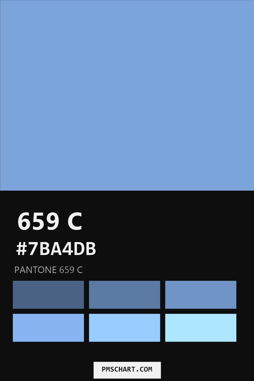 Pantone 659 C color reference card (HEX #7BA4DB) with six nearest Pantone matches