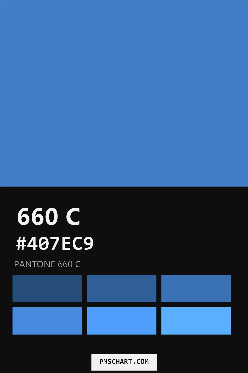 Pantone 660 C color reference card (HEX #407EC9) with six nearest Pantone matches