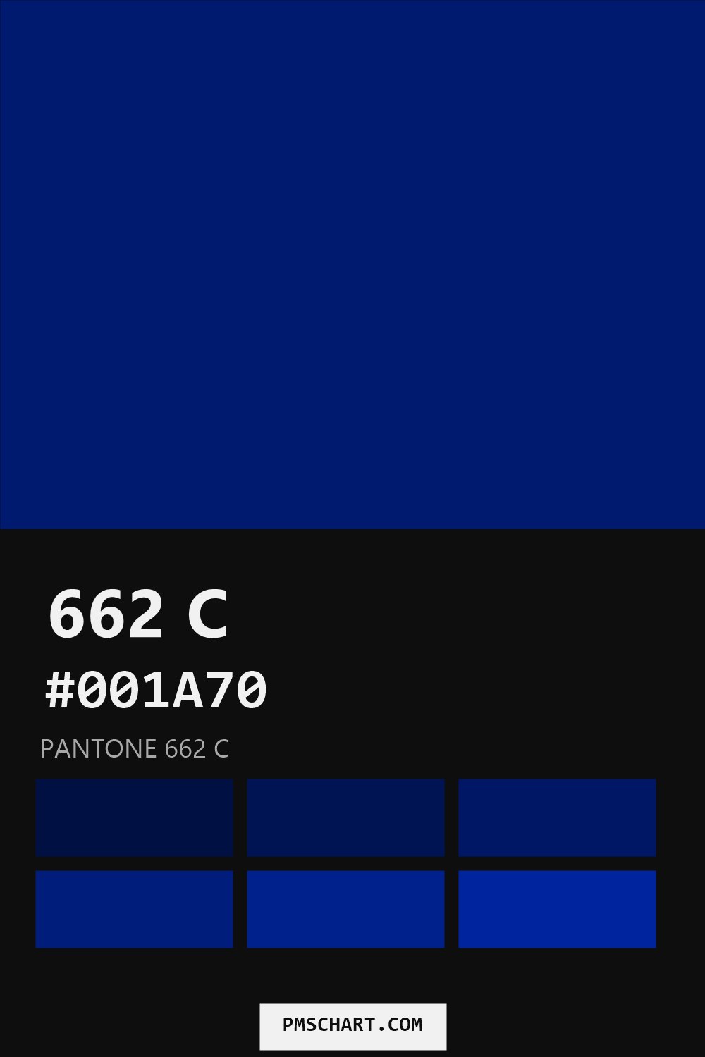 Pantone 662 C color reference card (HEX #001A70) with six nearest Pantone matches