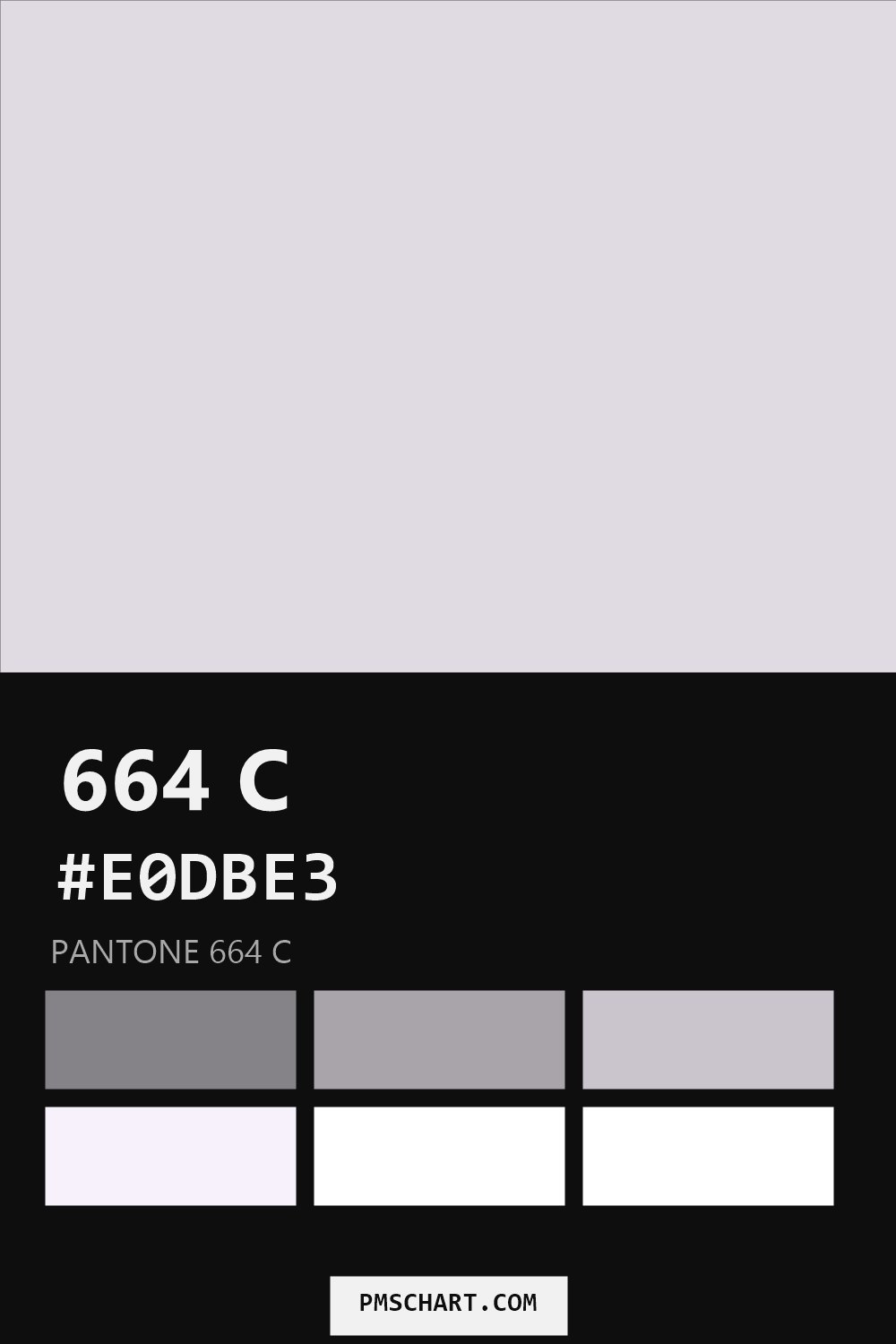 Pantone 664 C color reference card (HEX #E0DBE3) with six nearest Pantone matches