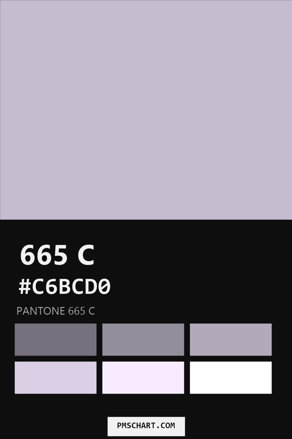 Pantone 665 C color reference card (HEX #C6BCD0) with six nearest Pantone matches