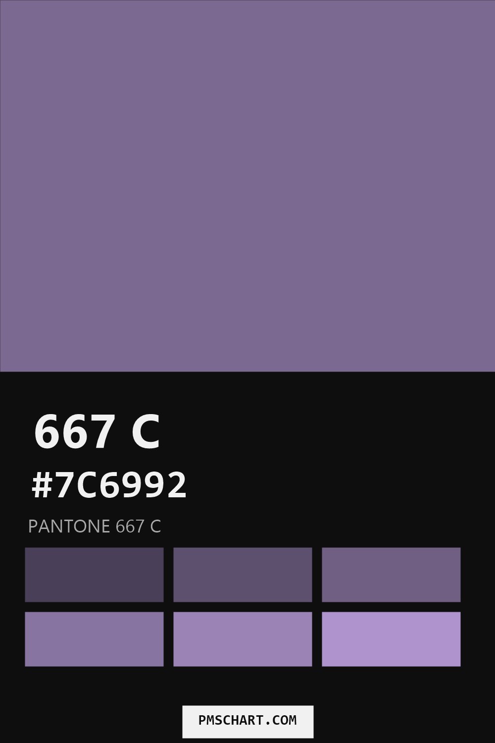 Pantone 667 C color reference card (HEX #7C6992) with six nearest Pantone matches