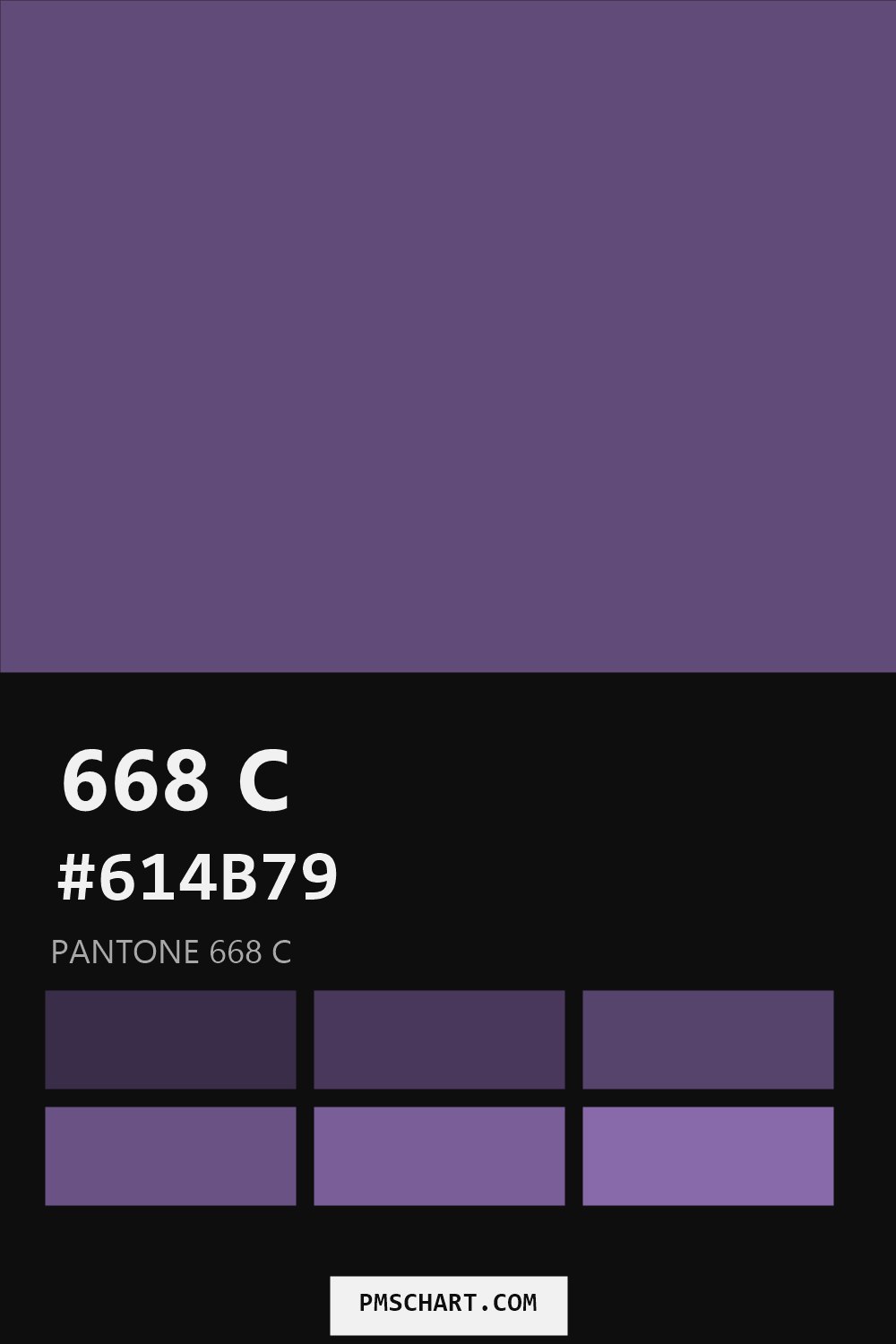 Pantone 668 C color reference card (HEX #614B79) with six nearest Pantone matches