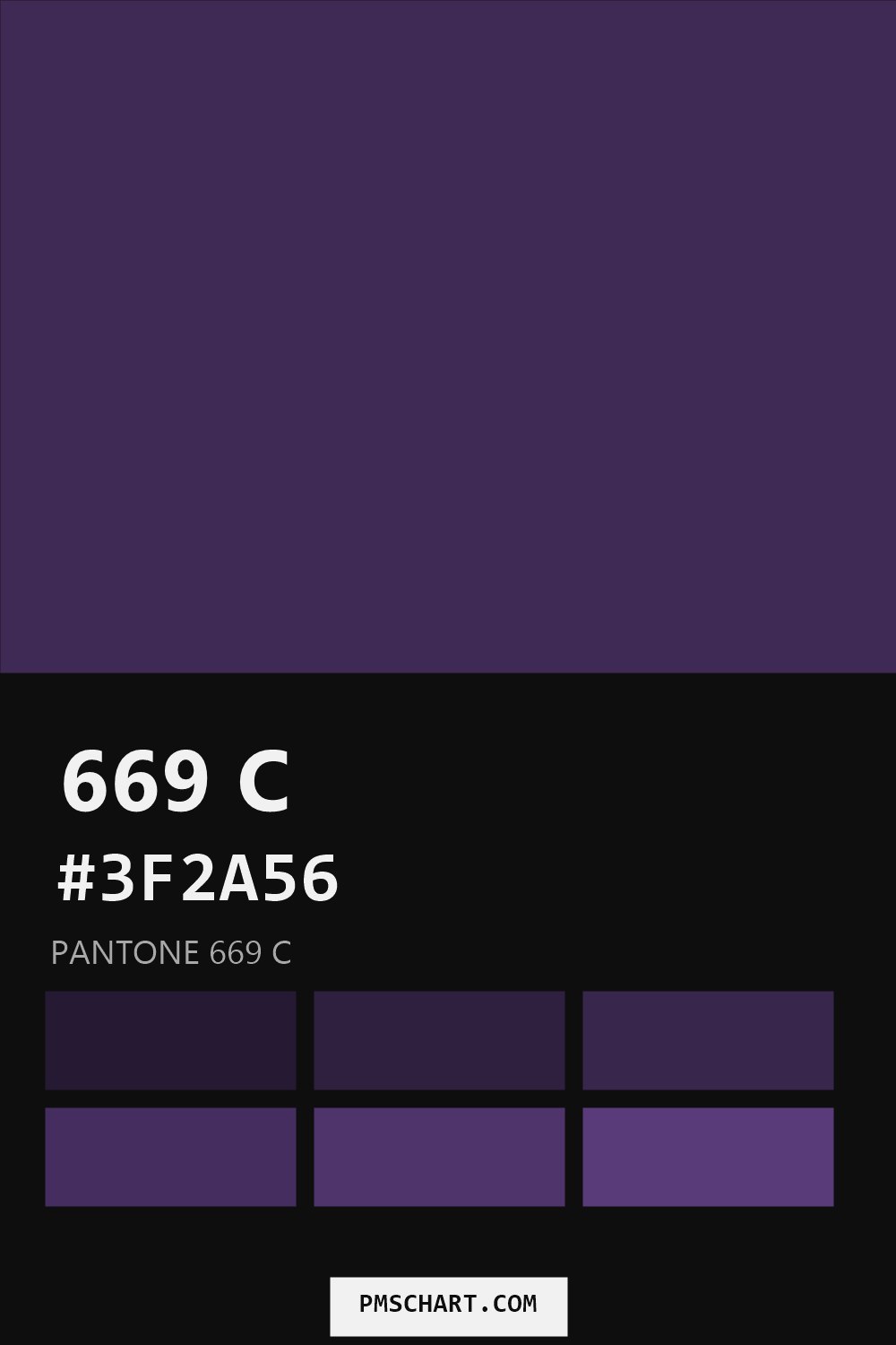 Pantone 669 C color reference card (HEX #3F2A56) with six nearest Pantone matches