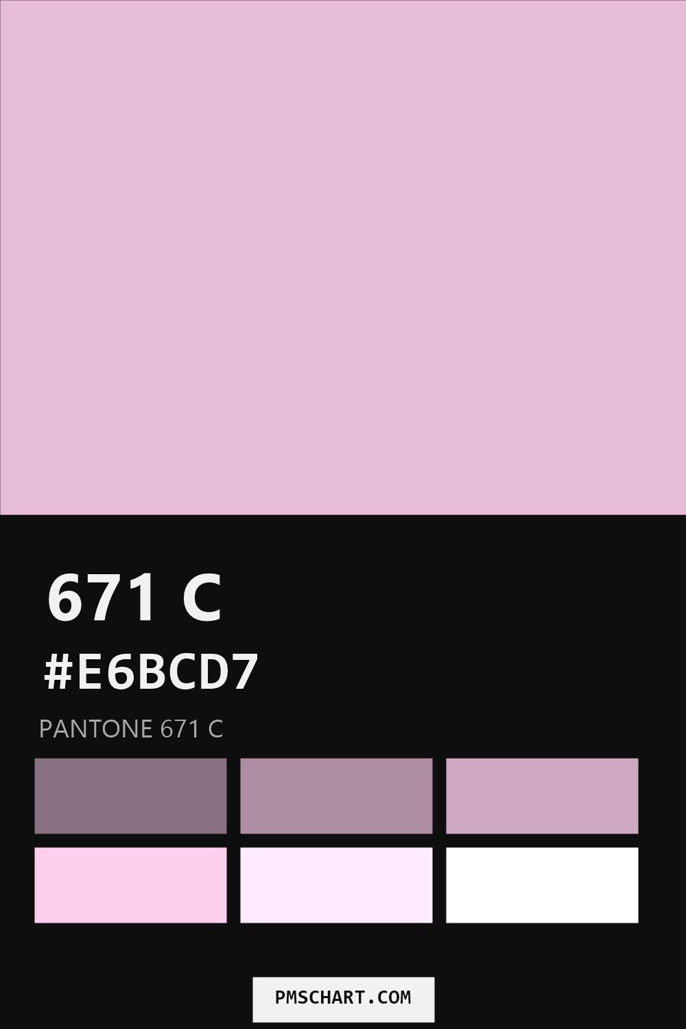 Pantone 671 C color reference card (HEX #E6BCD7) with six nearest Pantone matches