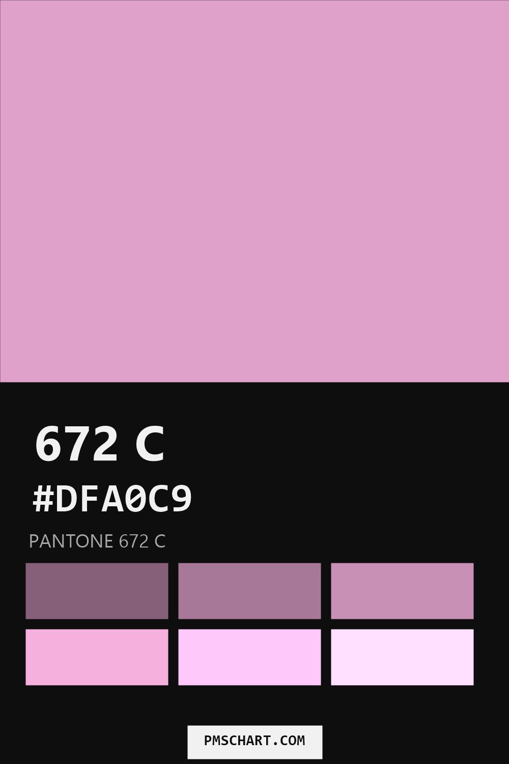 Pantone 672 C color reference card (HEX #DFA0C9) with six nearest Pantone matches