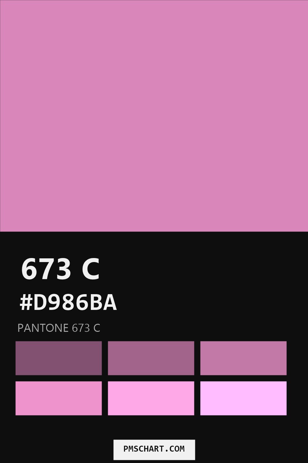 Pantone 673 C color reference card (HEX #D986BA) with six nearest Pantone matches