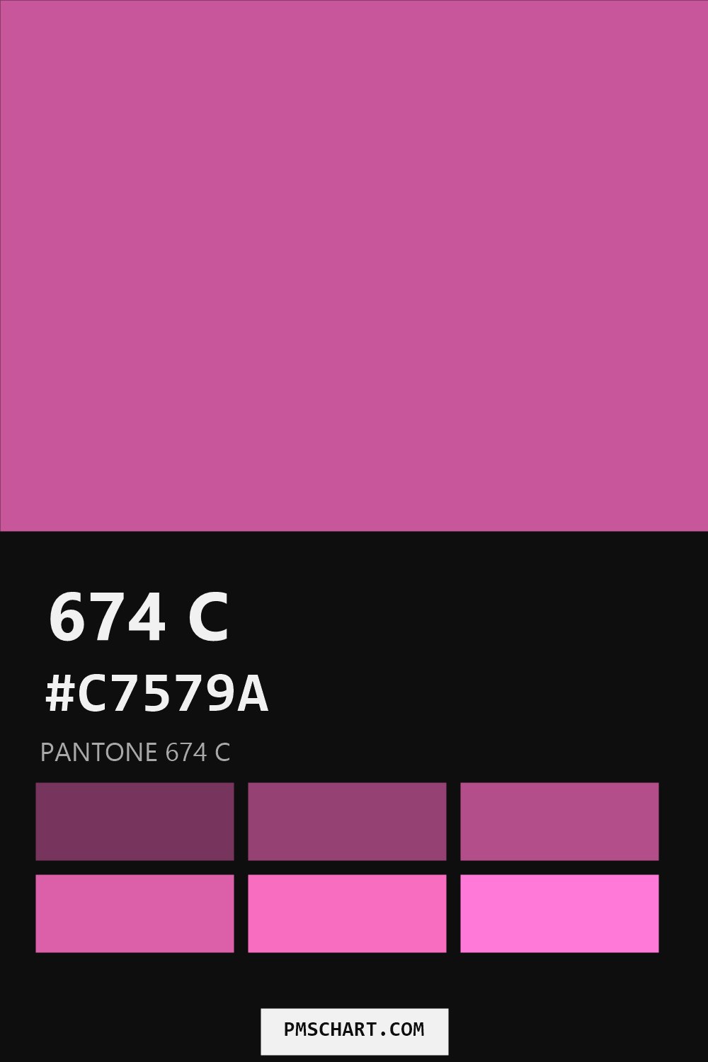 Pantone 674 C color reference card (HEX #C7579A) with six nearest Pantone matches