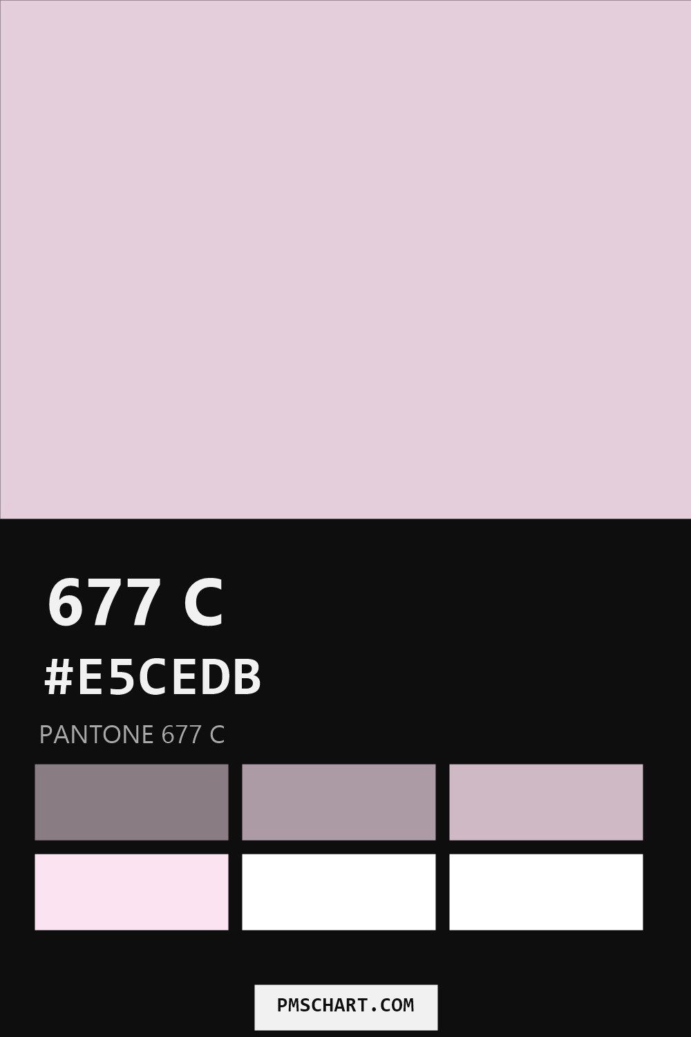Pantone 677 C color reference card (HEX #E5CEDB) with six nearest Pantone matches