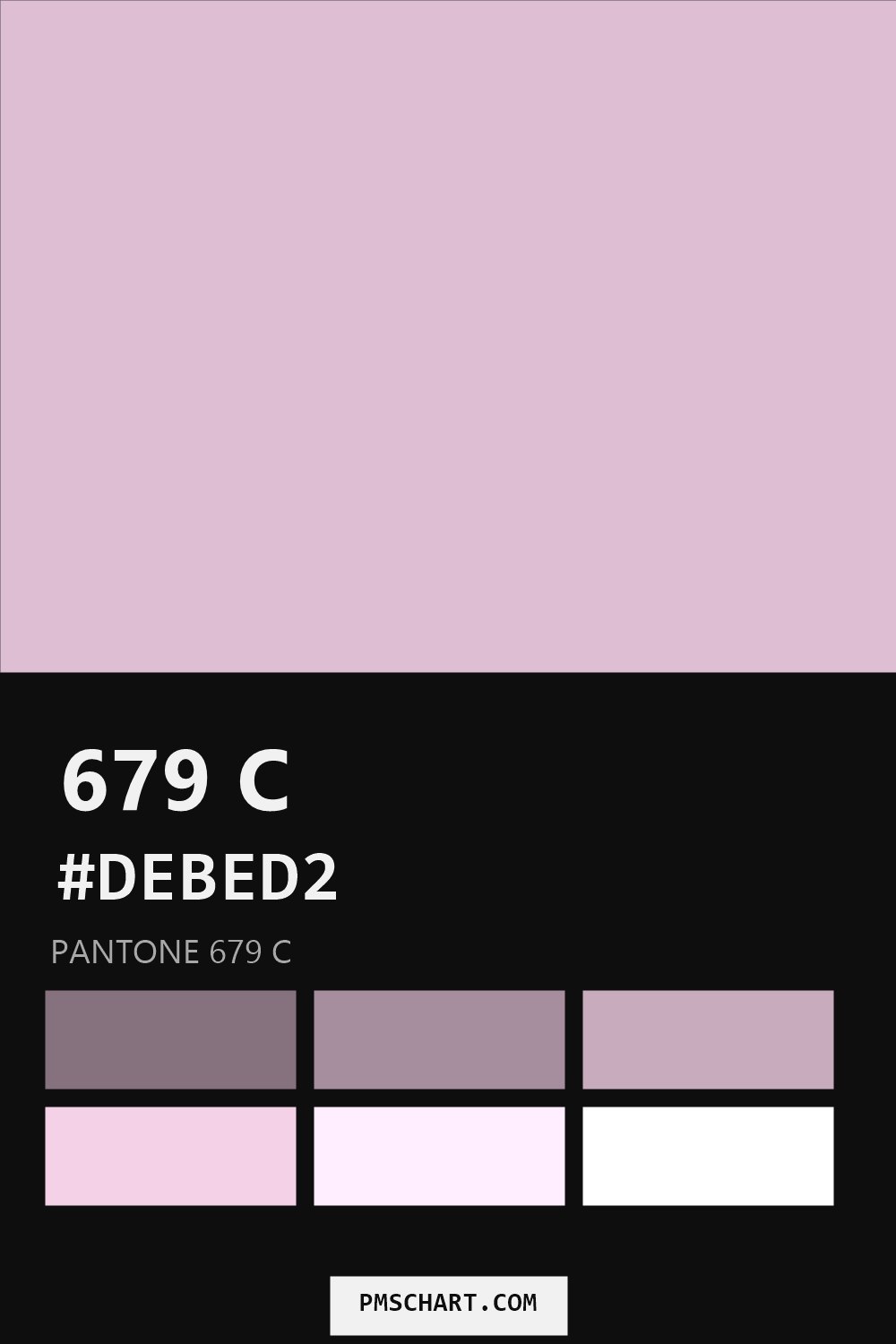 Pantone 679 C color reference card (HEX #DEBED2) with six nearest Pantone matches