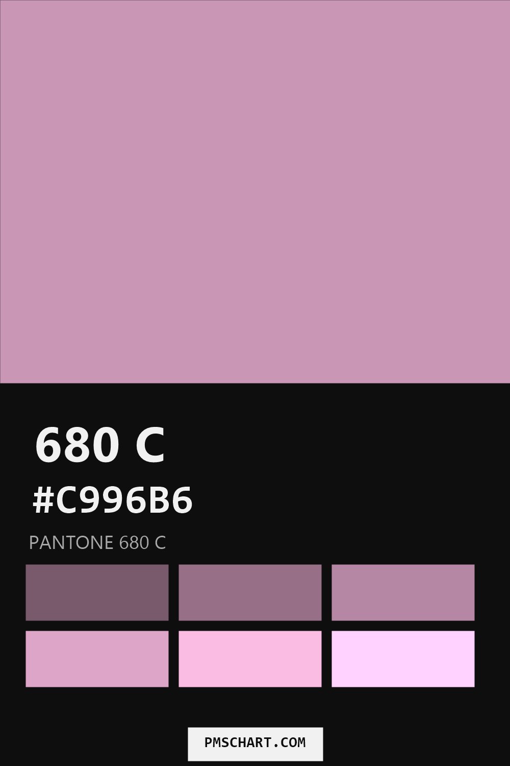 Pantone 680 C color reference card (HEX #C996B6) with six nearest Pantone matches