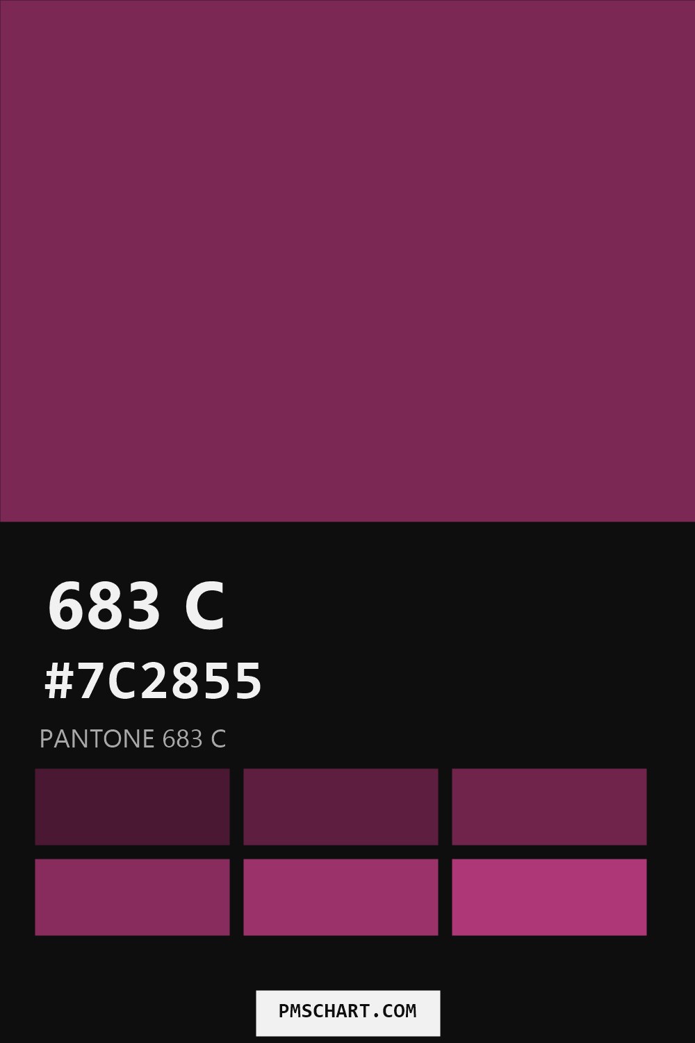Pantone 683 C color reference card (HEX #7C2855) with six nearest Pantone matches