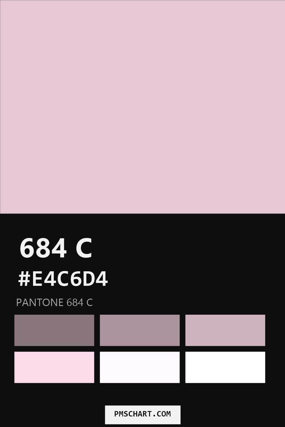 Pantone 684 C color reference card (HEX #E4C6D4) with six nearest Pantone matches
