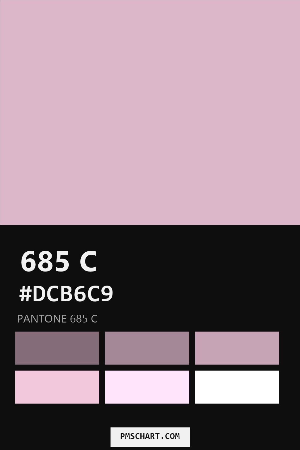 Pantone 685 C color reference card (HEX #DCB6C9) with six nearest Pantone matches