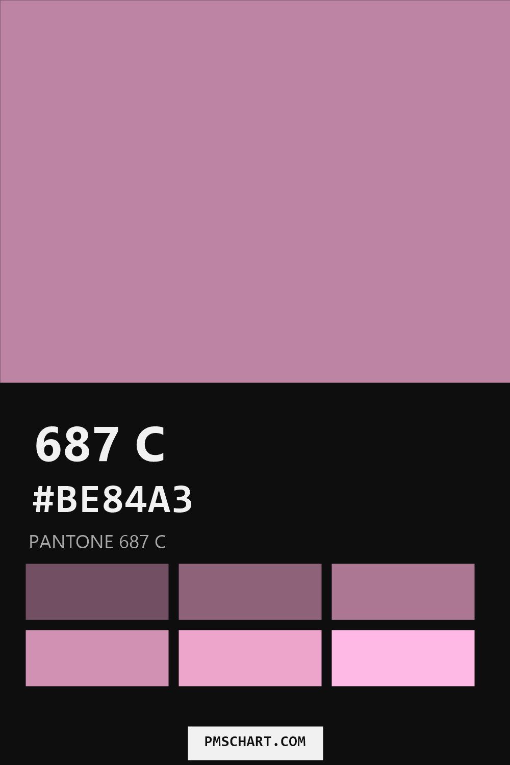 Pantone 687 C color reference card (HEX #BE84A3) with six nearest Pantone matches
