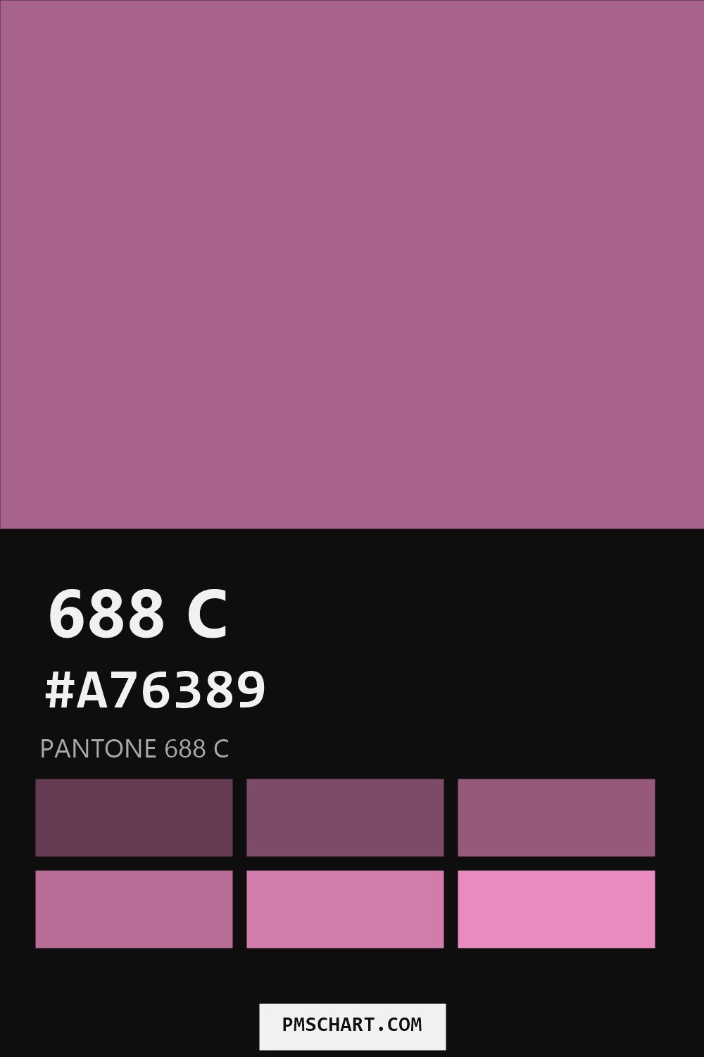Pantone 688 C color reference card (HEX #A76389) with six nearest Pantone matches