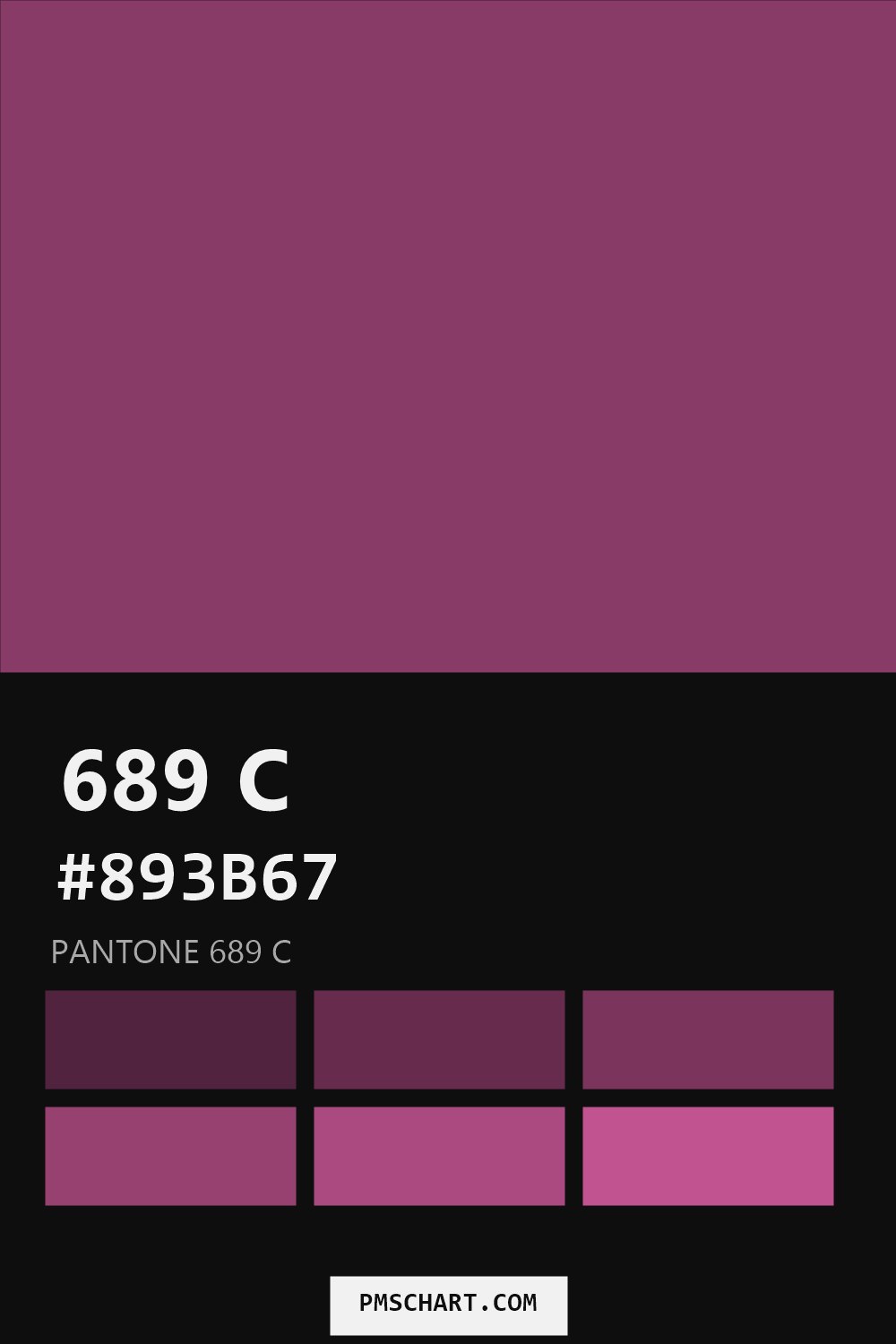 Pantone 689 C color reference card (HEX #893B67) with six nearest Pantone matches