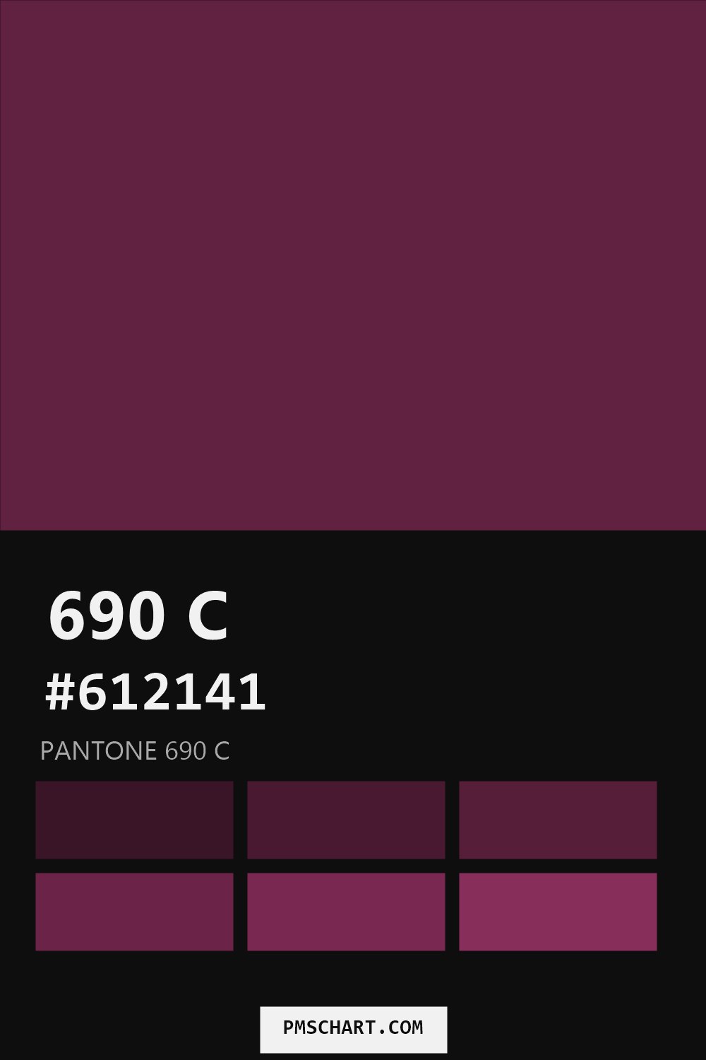 Pantone 690 C color reference card (HEX #612141) with six nearest Pantone matches