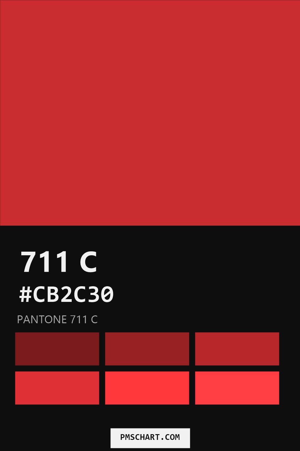 Pantone 711 C color reference card (HEX #CB2C30) with six nearest Pantone matches