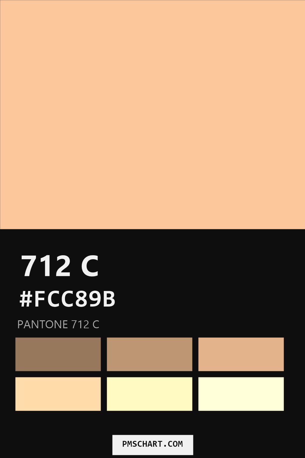 Pantone 712 C color reference card (HEX #FCC89B) with six nearest Pantone matches