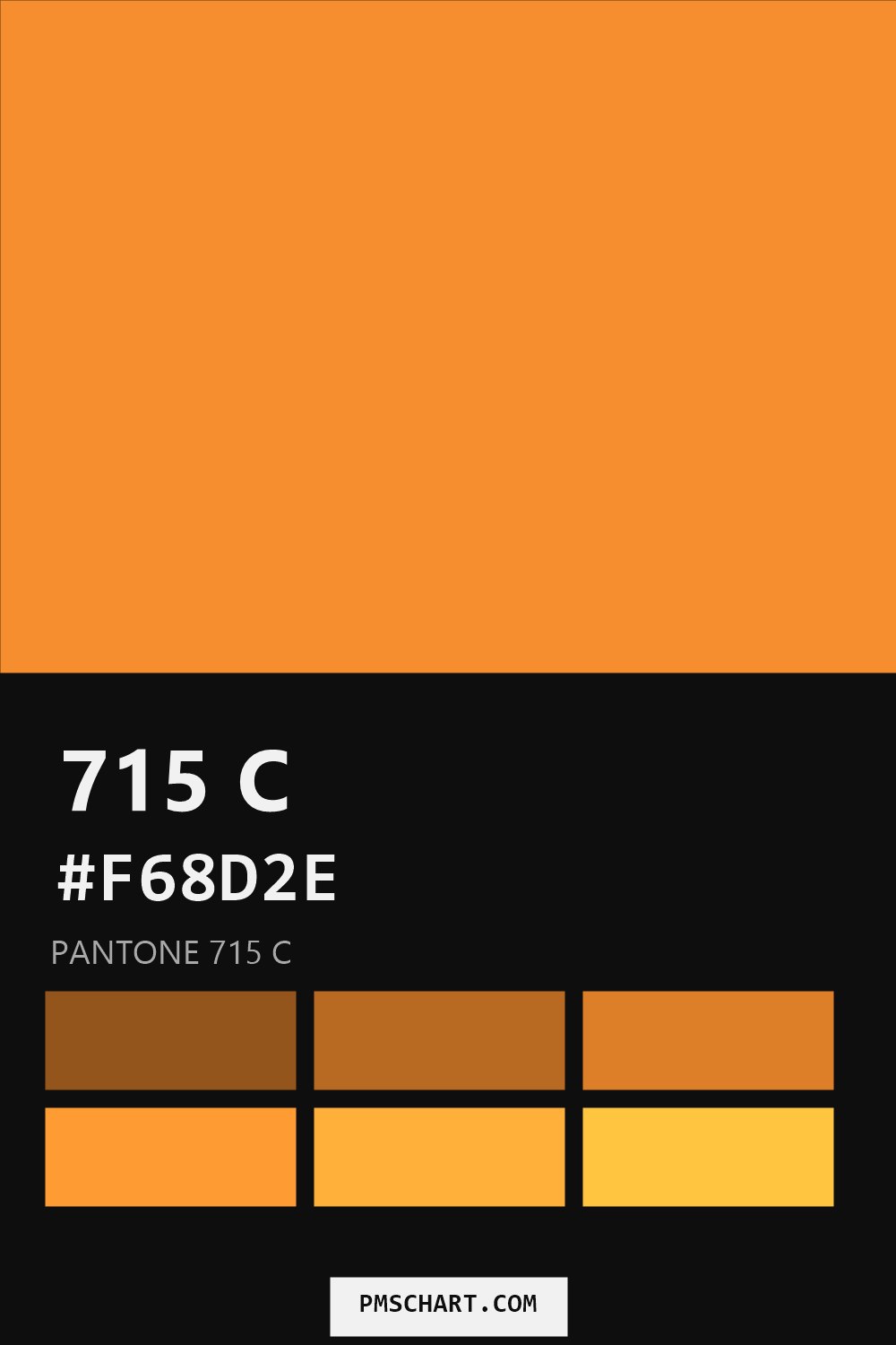 Pantone 715 C color reference card (HEX #F68D2E) with six nearest Pantone matches
