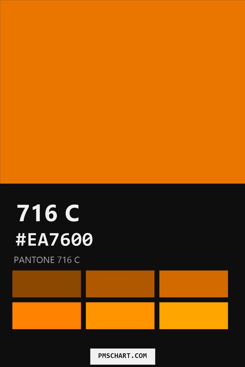 Pantone 716 C color reference card (HEX #EA7600) with six nearest Pantone matches