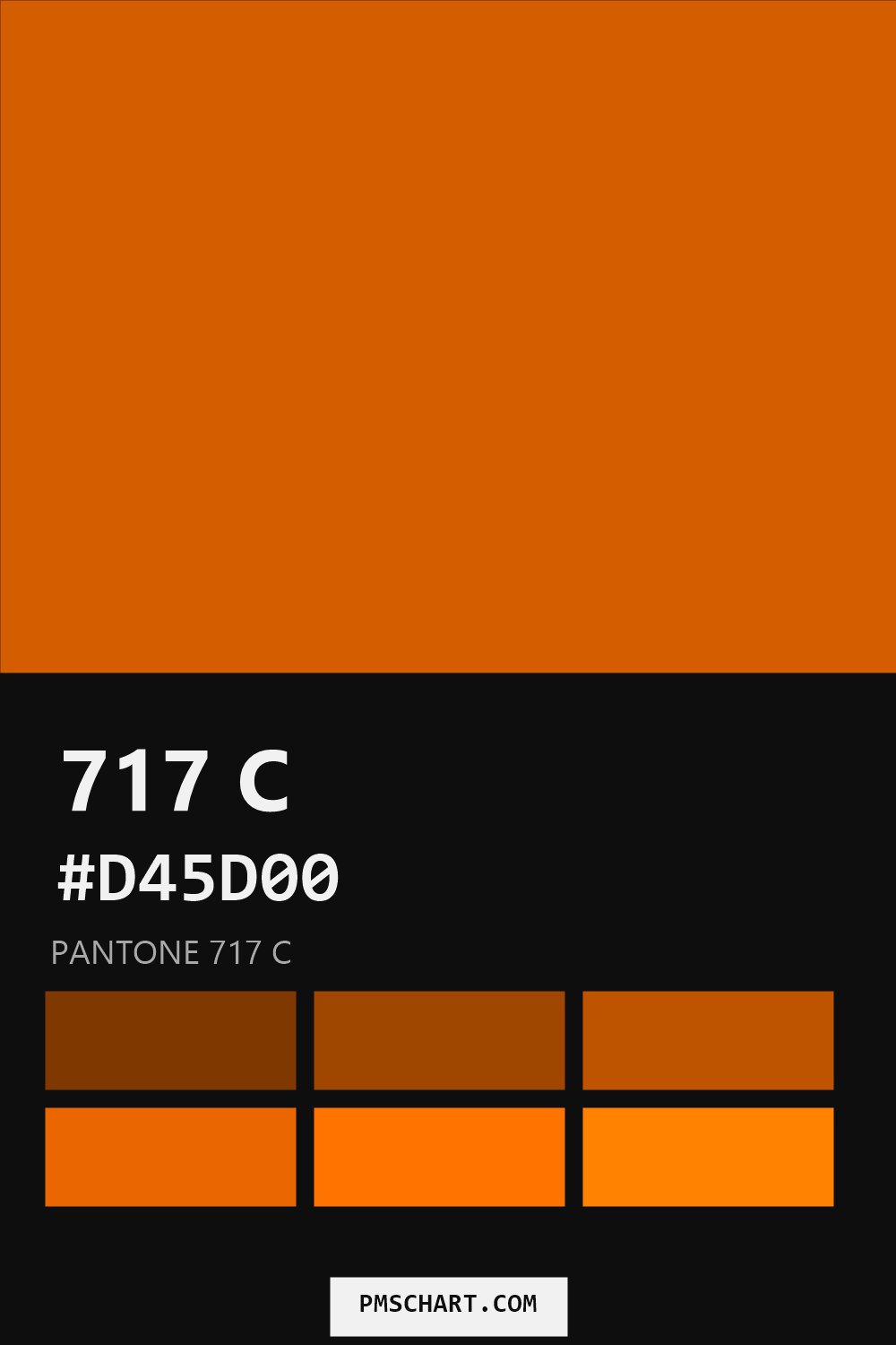 Pantone 717 C color reference card (HEX #D45D00) with six nearest Pantone matches