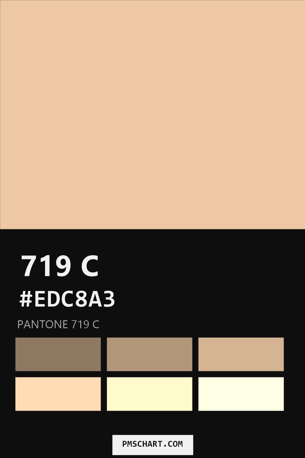 Pantone 719 C color reference card (HEX #EDC8A3) with six nearest Pantone matches