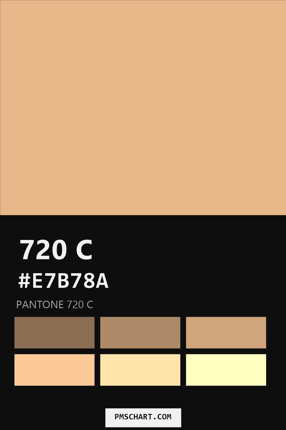 Pantone 720 C color reference card (HEX #E7B78A) with six nearest Pantone matches