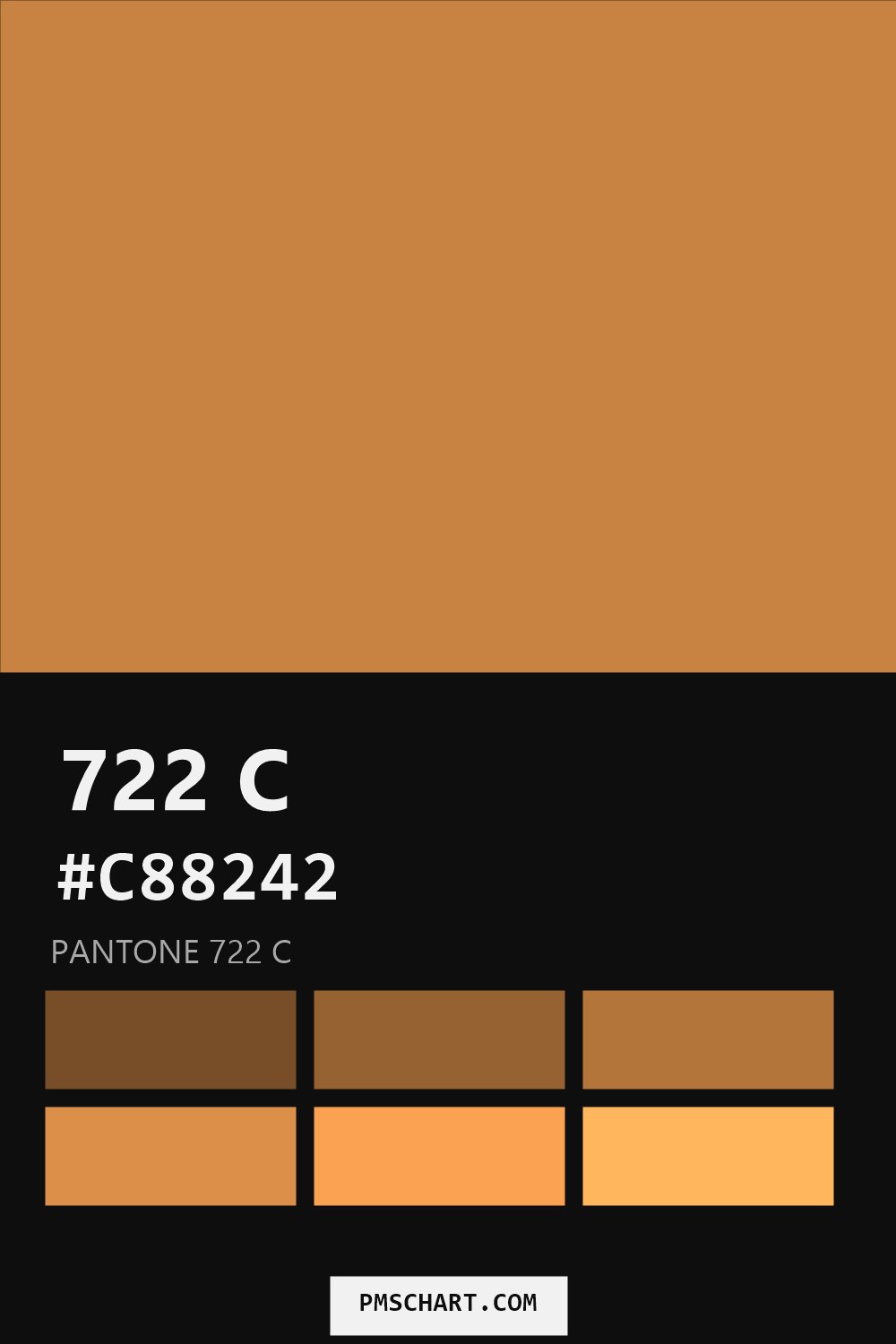 Pantone 722 C color reference card (HEX #C88242) with six nearest Pantone matches