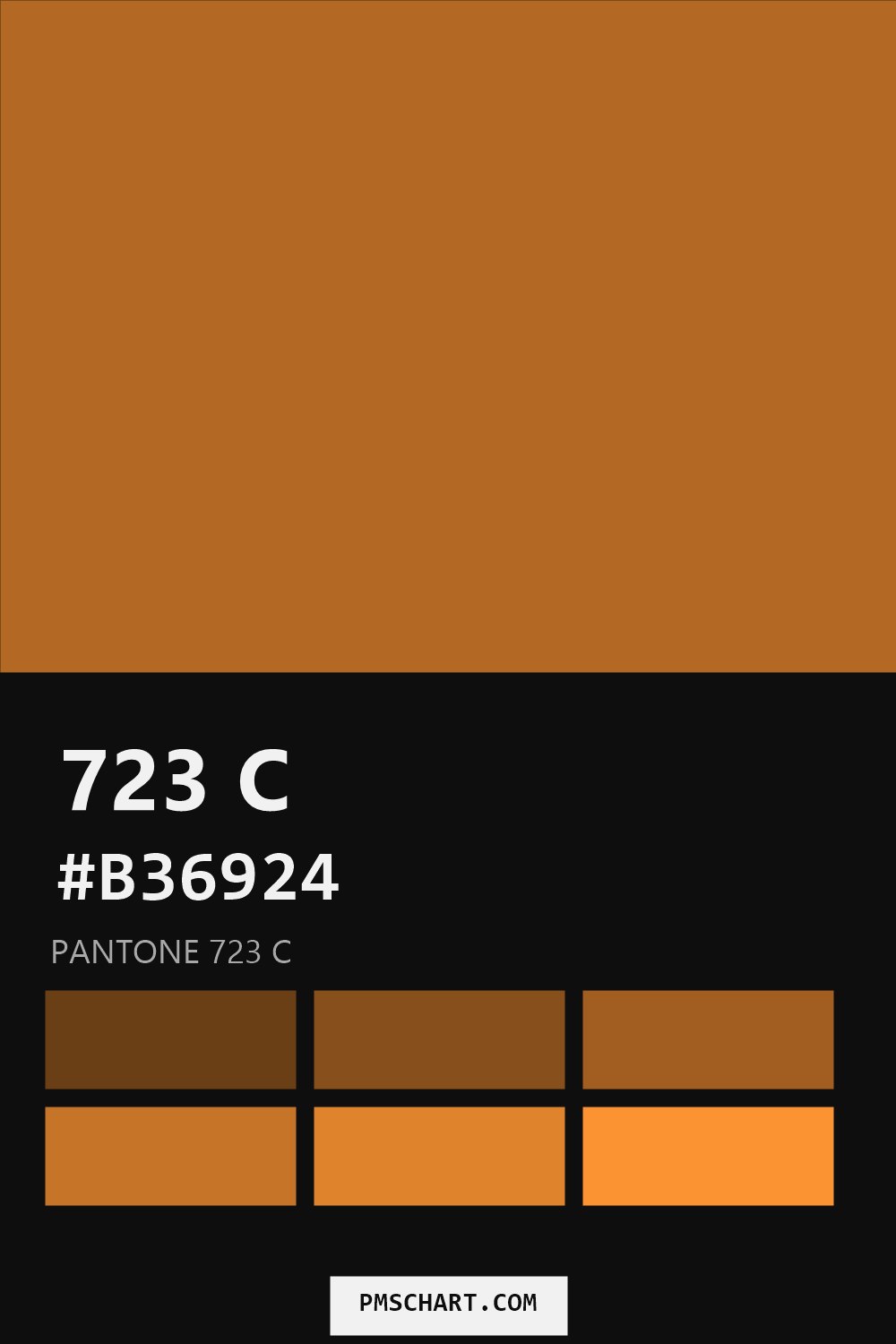 Pantone 723 C color reference card (HEX #B36924) with six nearest Pantone matches