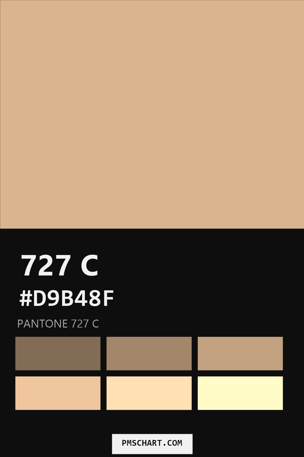Pantone 727 C color reference card (HEX #D9B48F) with six nearest Pantone matches