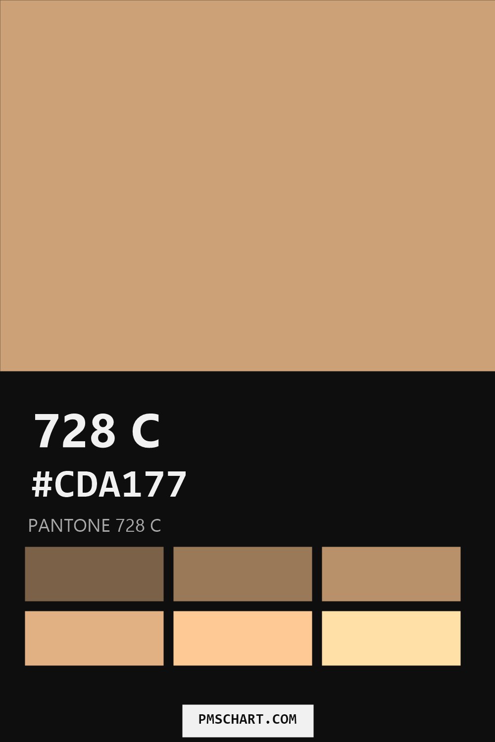 Pantone 728 C color reference card (HEX #CDA177) with six nearest Pantone matches