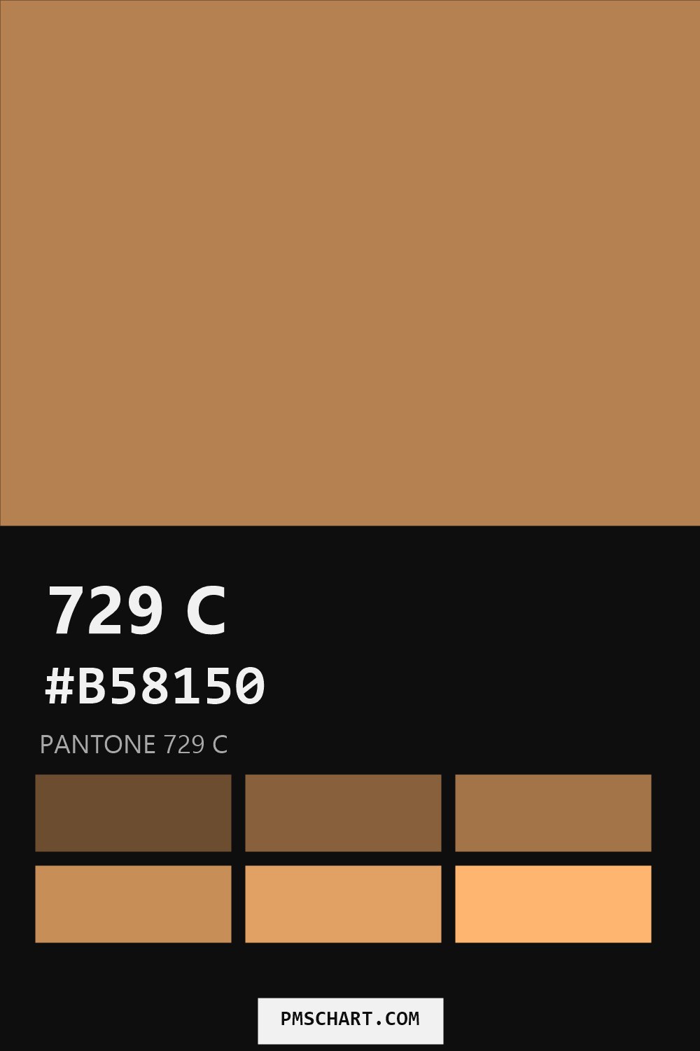 Pantone 729 C color reference card (HEX #B58150) with six nearest Pantone matches