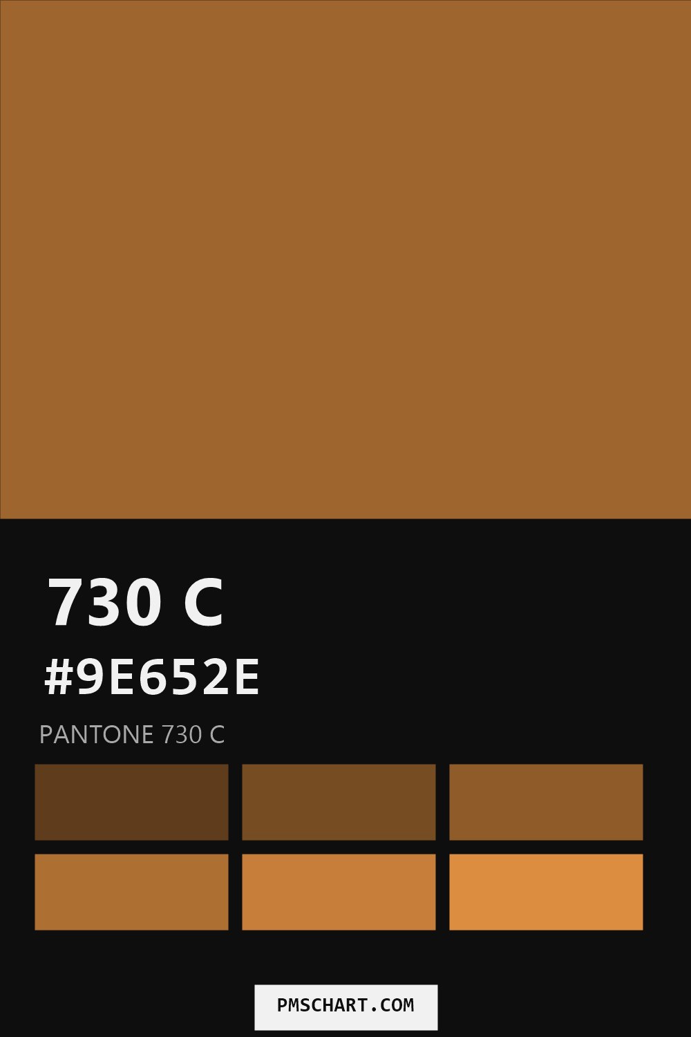 Pantone 730 C color reference card (HEX #9E652E) with six nearest Pantone matches