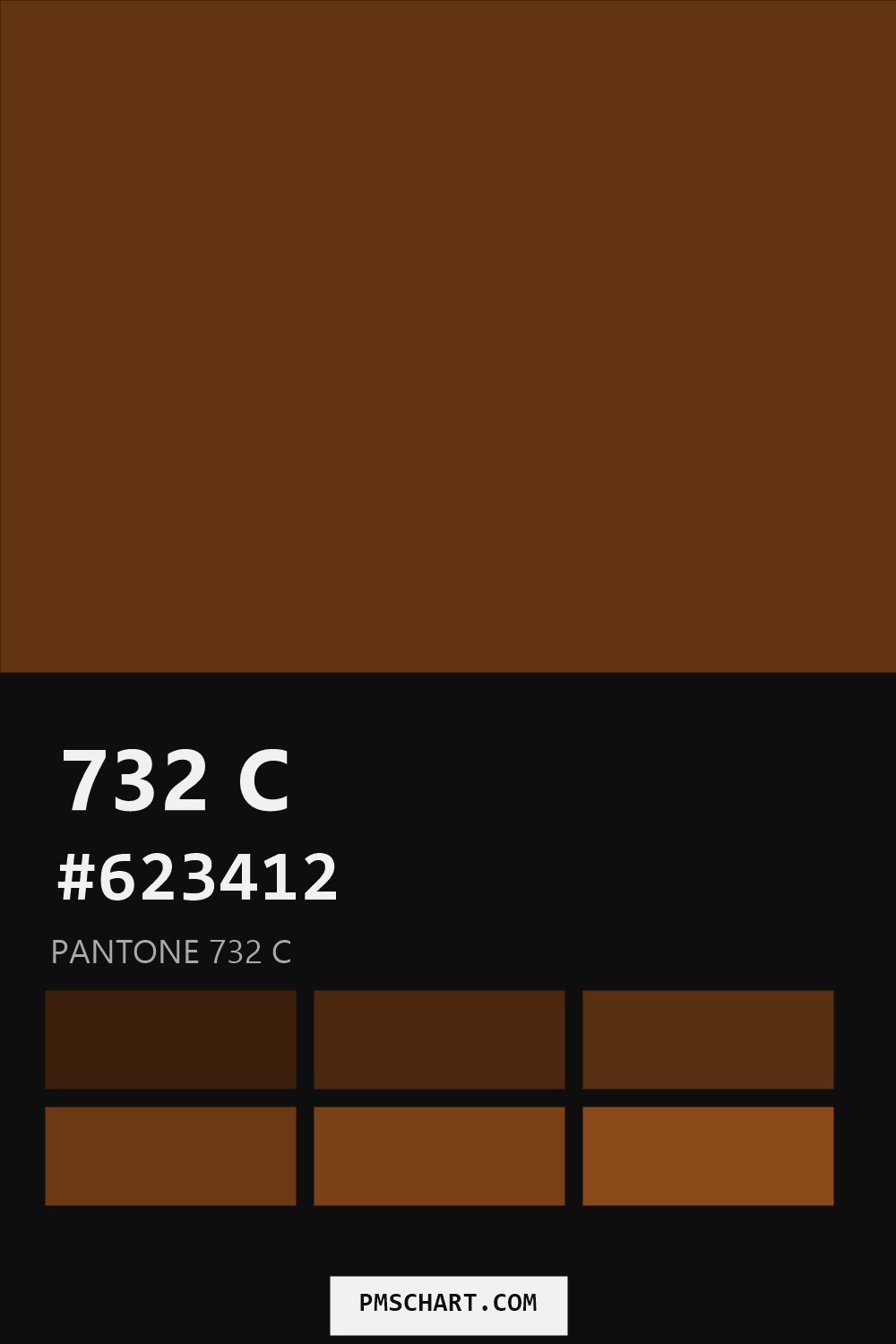 Pantone 732 C color reference card (HEX #623412) with six nearest Pantone matches