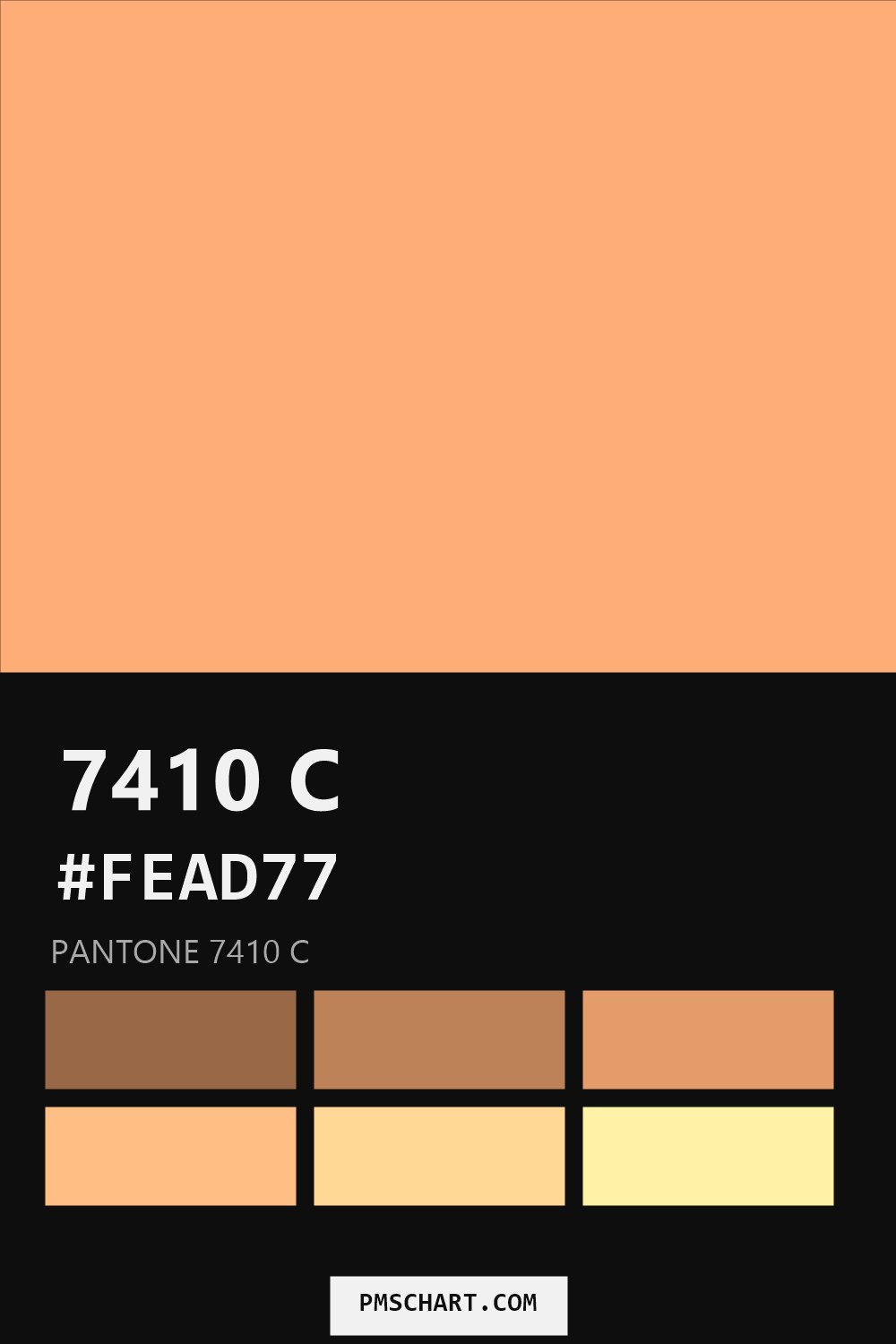 Pantone 7410 C color reference card (HEX #FEAD77) with six nearest Pantone matches