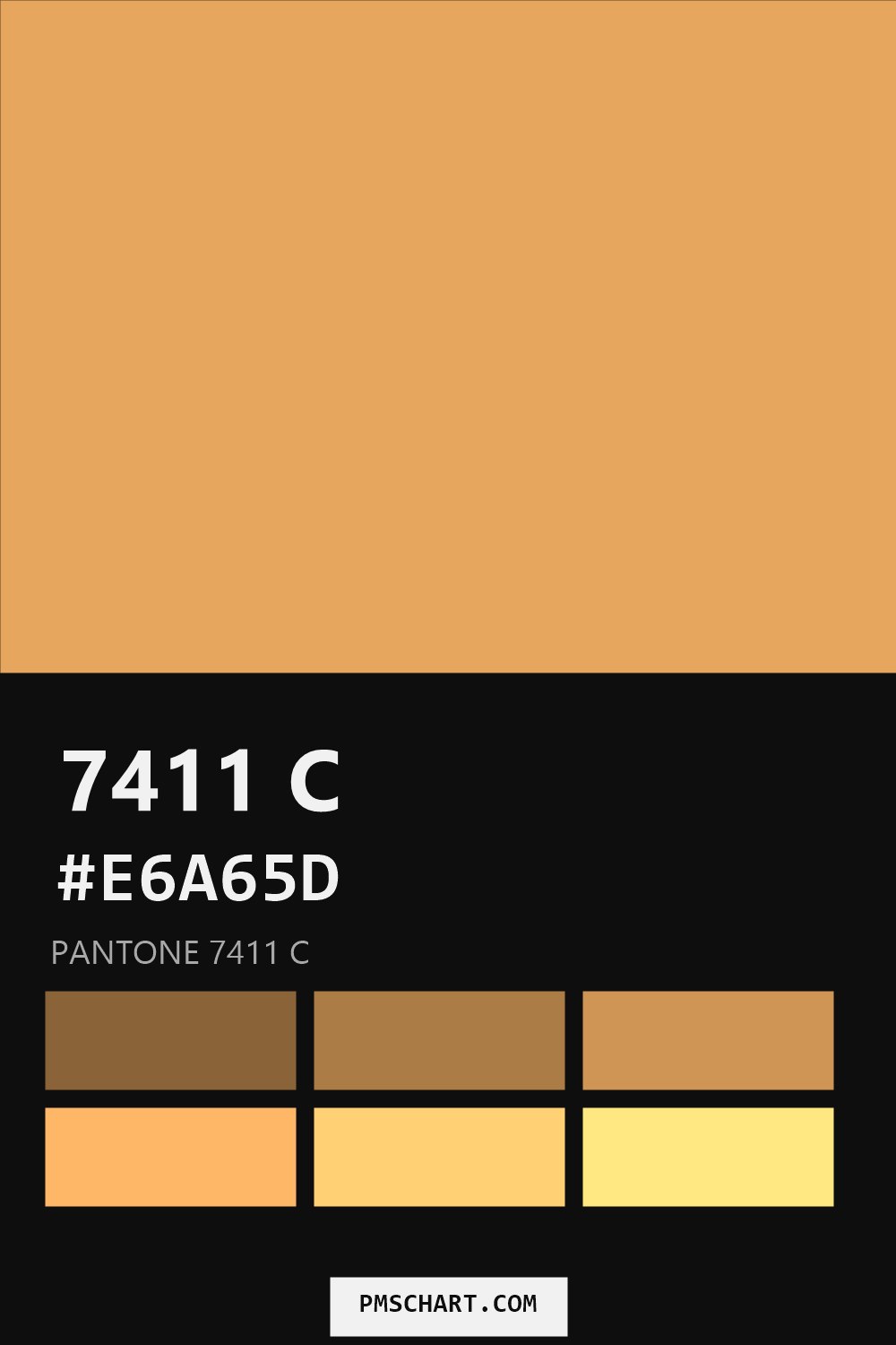 Pantone 7411 C color reference card (HEX #E6A65D) with six nearest Pantone matches