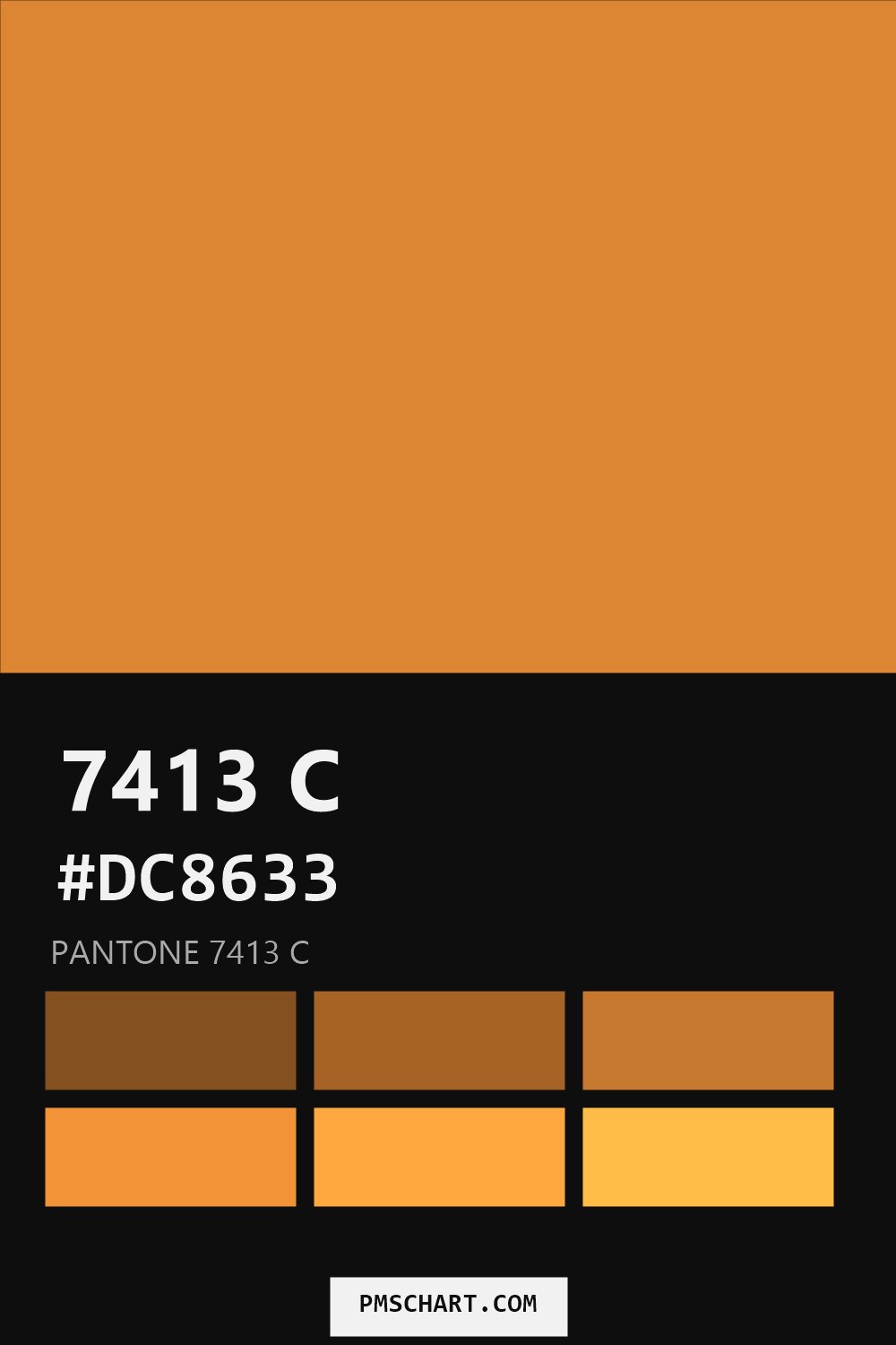 Pantone 7413 C color reference card (HEX #DC8633) with six nearest Pantone matches