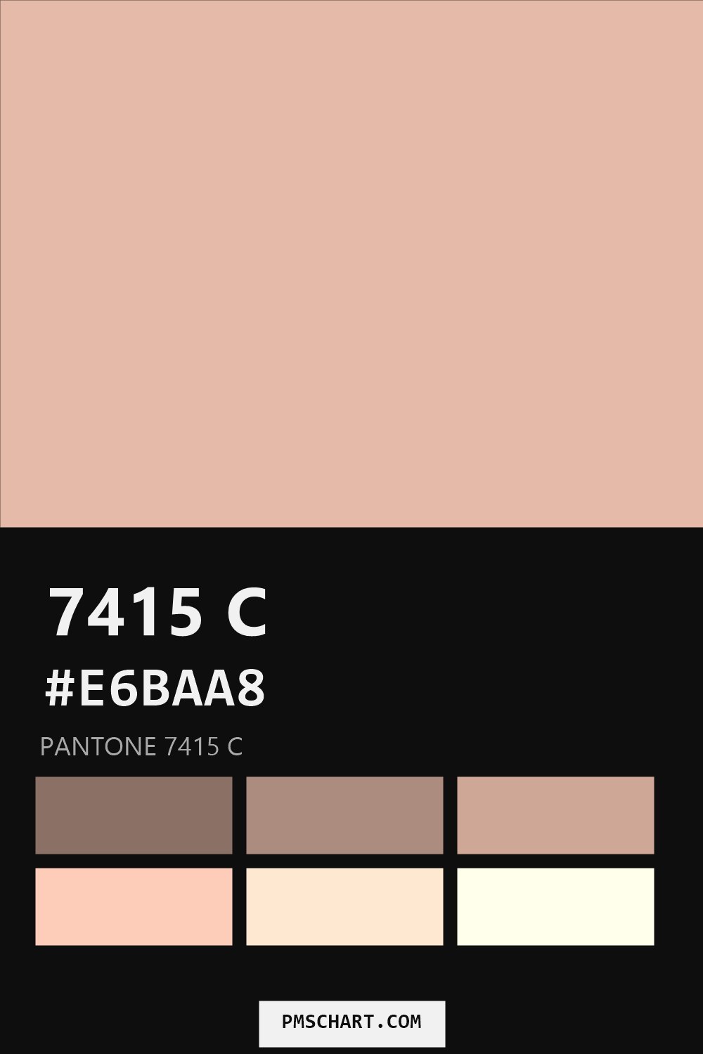 Pantone 7415 C color reference card (HEX #E6BAA8) with six nearest Pantone matches