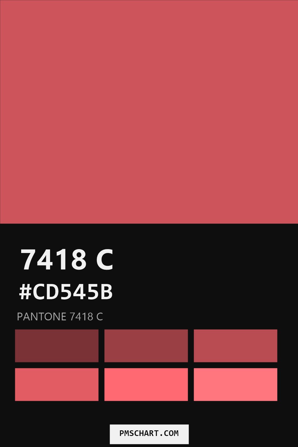 Pantone 7418 C color reference card (HEX #CD545B) with six nearest Pantone matches