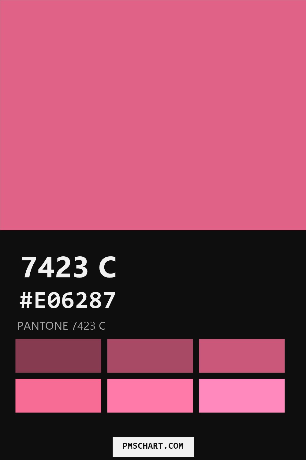 Pantone 7423 C color reference card (HEX #E06287) with six nearest Pantone matches