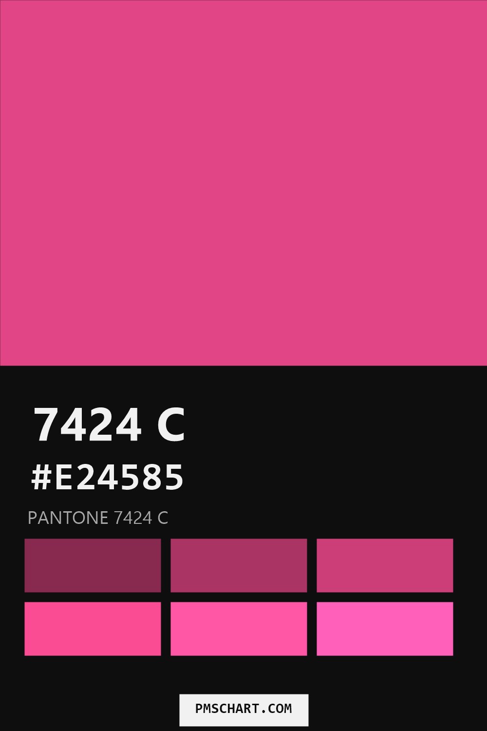 Pantone 7424 C color reference card (HEX #E24585) with six nearest Pantone matches