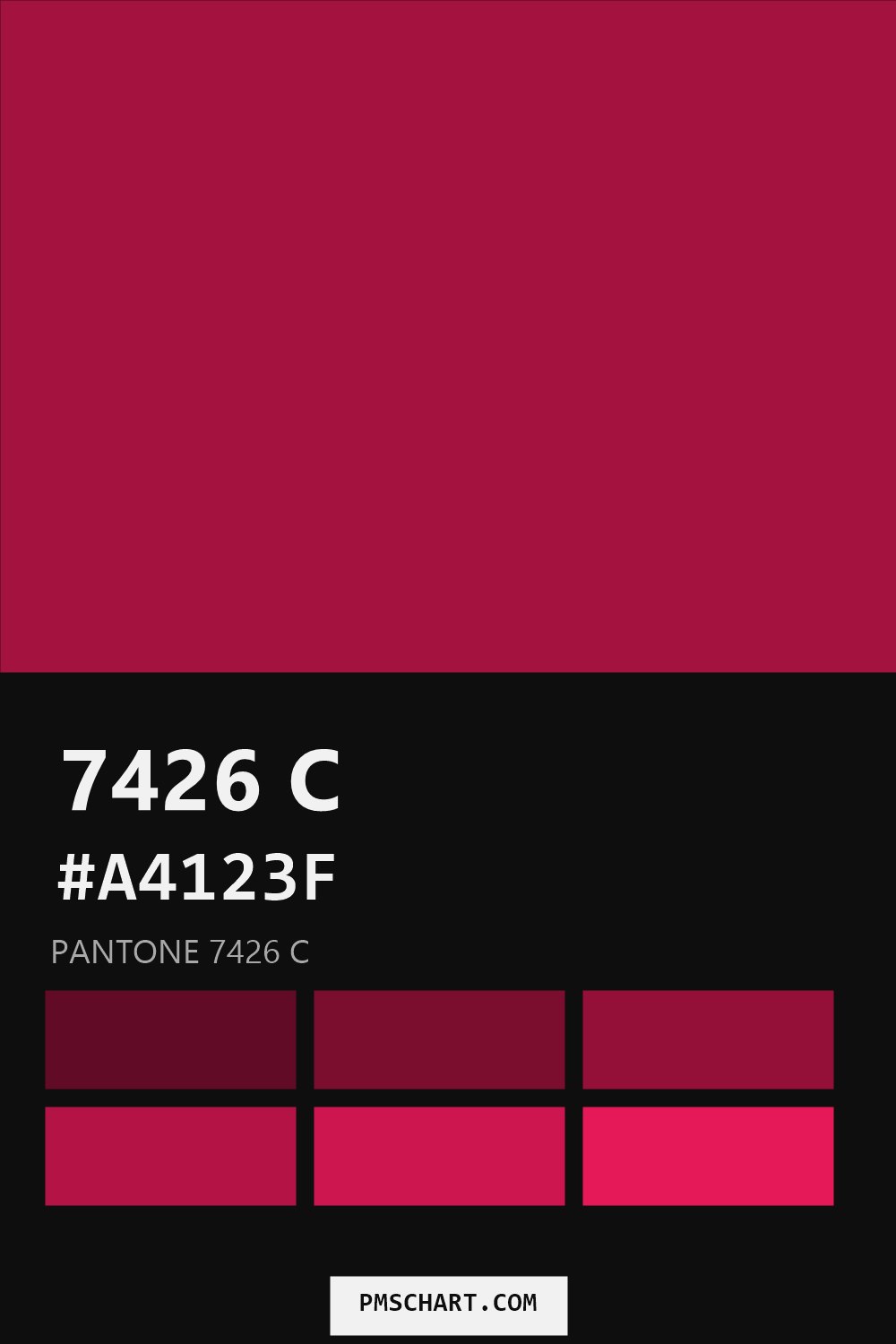 Pantone 7426 C color reference card (HEX #A4123F) with six nearest Pantone matches