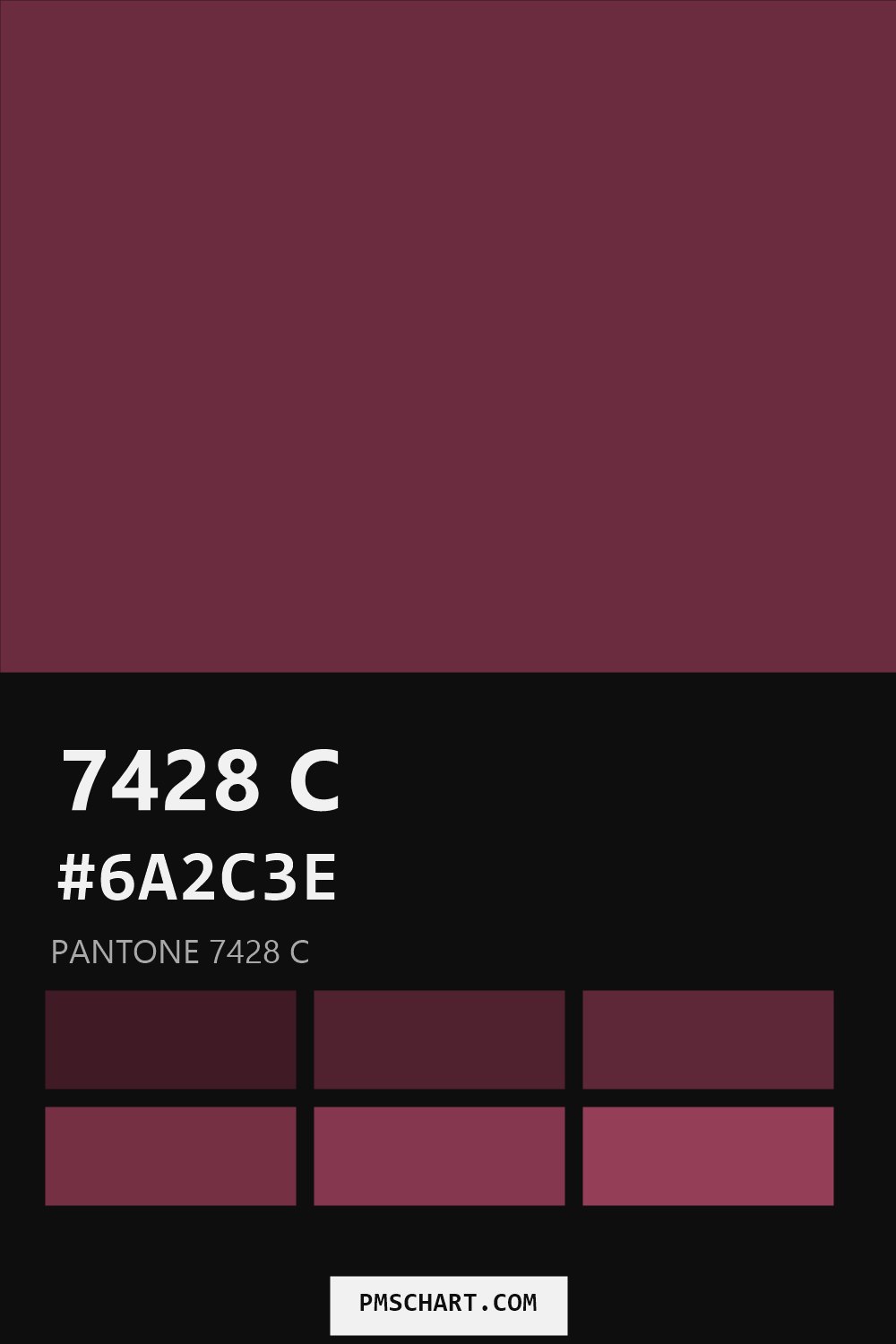 Pantone 7428 C color reference card (HEX #6A2C3E) with six nearest Pantone matches