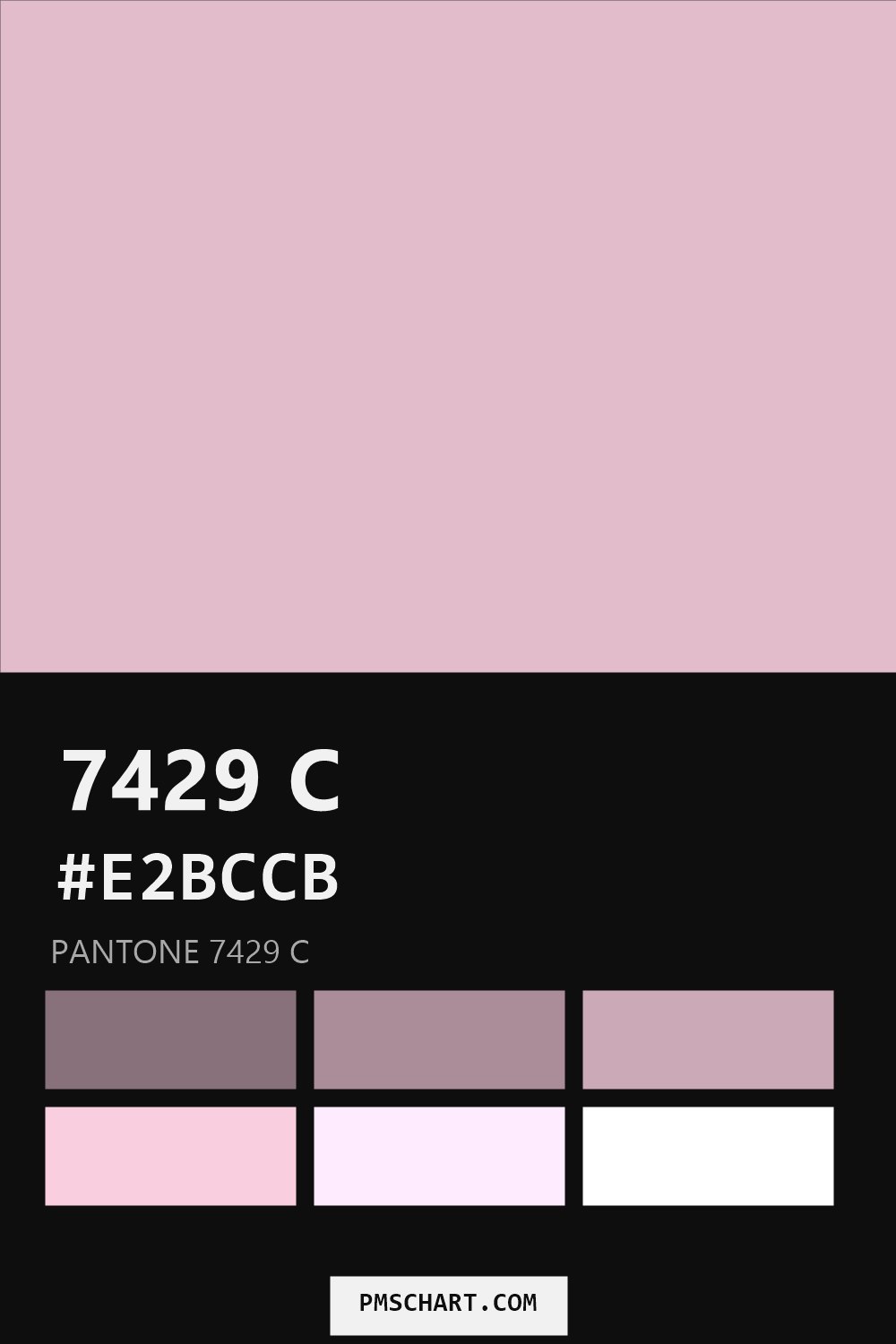 Pantone 7429 C color reference card (HEX #E2BCCB) with six nearest Pantone matches